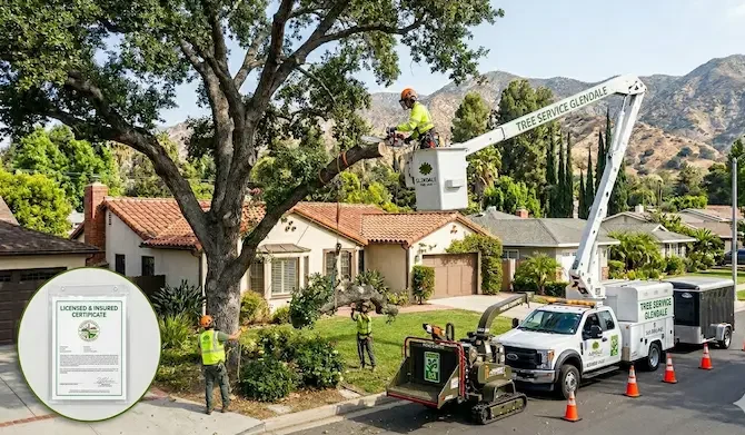Professional arborists with a branded "Tree Service Glendale" utility truck safely trimming branches near a house in Glendale, California.
