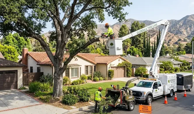 Professional tree service crew pruning a large oak tree using a bucket truck and wood chipper in a Glendale, California residential neighborhood.