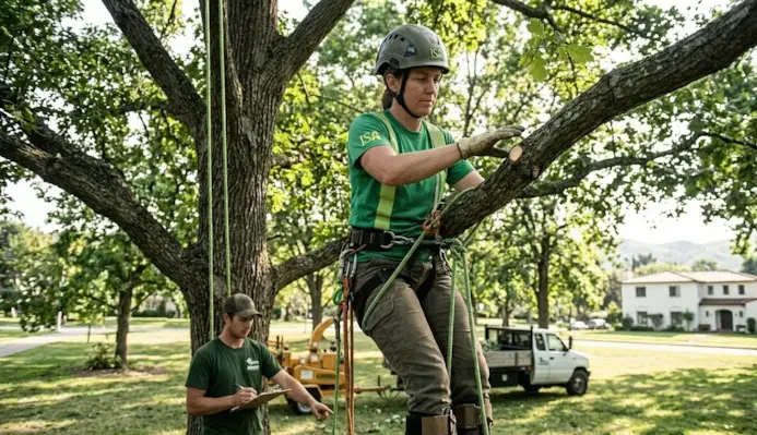 A professional female arborist in a safety helmet with an ISA logo is secured by ropes while inspecting a large oak tree branch, with a ground worker using a clipboard, a chipper, and a truck near a residential house in Glendale, CA.