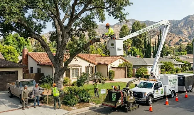 Certified arborist advising a homeowner on safe tree trimming practices while a professional boom truck safely lowers branches in Glendale, California.