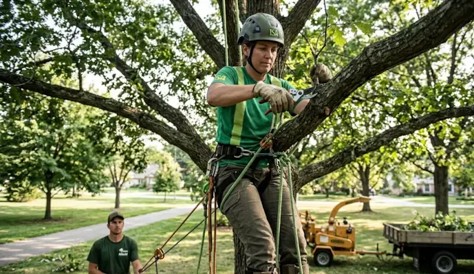 A professional female certified arborist wearing a helmet and safety harness uses hand pruners to trim a tree branch, while a ground crew member and a wood chipper are visible in the background of a suburban park.