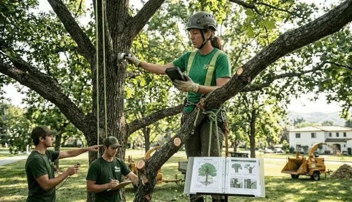 A realistic photograph of three arborists in a leafy park, with one female arborist in the tree using an electronic sensor to measure a branch, while two ground crew members document data and point at a diagram, all with professional equipment and a residential house in the background.