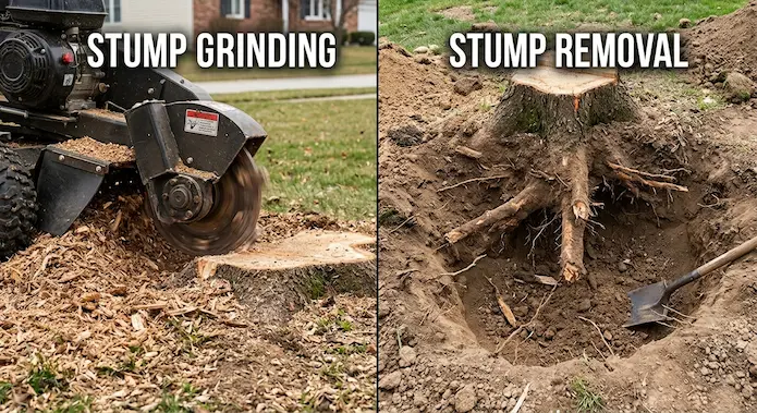 A side-by-side comparison image illustrating the difference between stump grinding, where a machine reduces a tree stump to wood chips above ground, and complete stump removal, which involves deep excavation of the root ball.