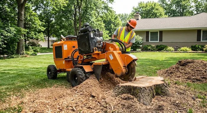 Professional tree service operator using an orange stump grinding machine to remove a large tree stump on a green lawn in a Glendale residential neighborhood.